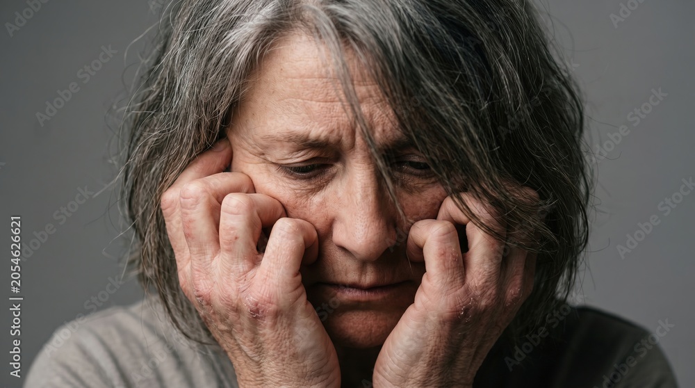 Fototapeta premium Close Up of Anxious Depressed Senior Woman with Grey Hair Holding Her Face in Hands