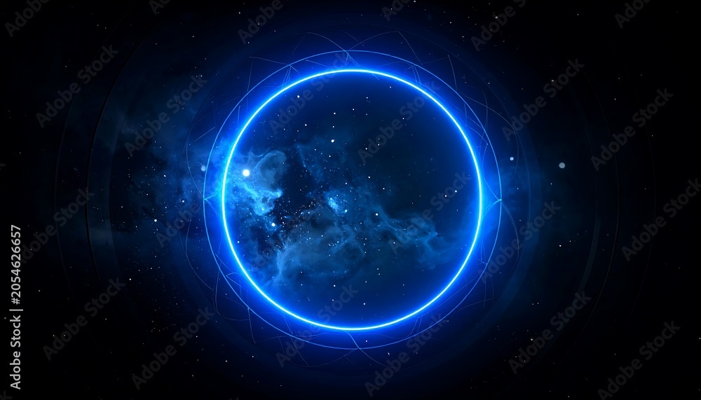 Fototapeta premium Glowing Blue Circular Aura Effect with Radiant Energy Glow on Rich Dark Galaxy Background