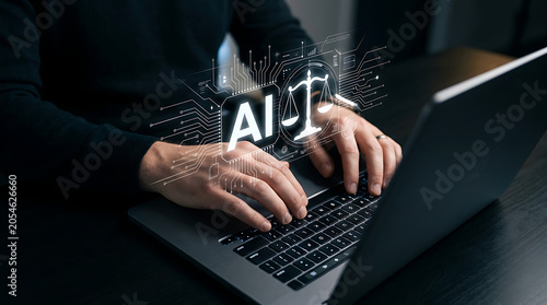 Person using a laptop with an artificial intelligence law and justice concept hologram.