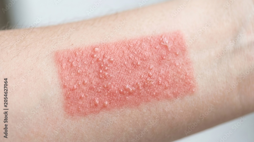 Fototapeta premium Close Up of Rectangular Red Skin Rash with Small Vesicles Blisters on Human Arm