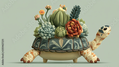 Colorful arrangement of succulents and cacti on decorative turtle shaped planter with pastel background