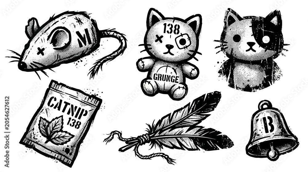 Fototapeta premium Gothic Cute Punk Kawaii Cat Mouse Feather Bell Catnip Pack Vector Illustration