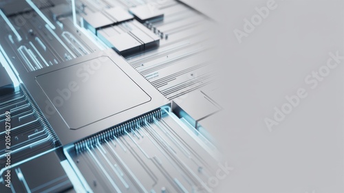 Close-up of a microchip with glowing blue circuitry and copy space
