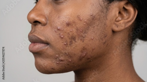 Side View Profile of Black Woman Skin with Severe Inflammatory Acne Vulgaris and Hyperpigmentation Scars