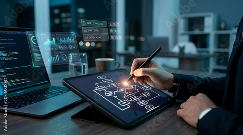 Professional software developer working on complex system architecture design using a digital tablet at night.
