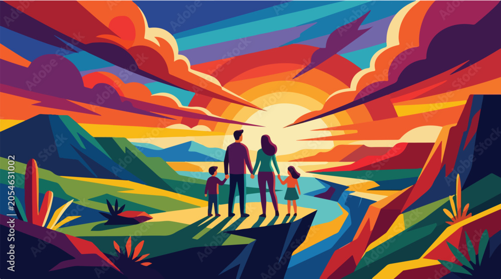 Fototapeta premium vector illustration of a family looking at sunset. family holding hands on a mountain cliff. vector abstract landscape of family watching sunrise.