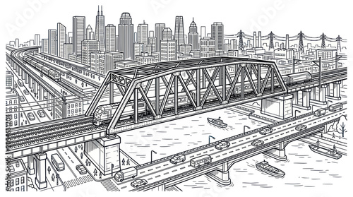Photos Bustling city landscape with river bridges and train traffic