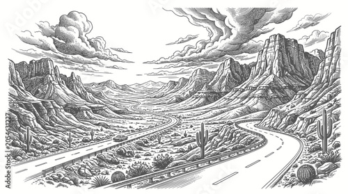 Desert highway winding through majestic rock formations and canyons