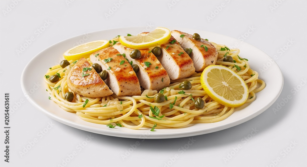 Fototapeta premium A delicious serving of chicken piccata pasta with capers and fresh lemon slices served on a clean white plate against a minimalist light gray background