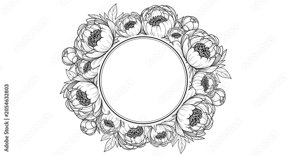 Obraz premium Decorative wreath made of hand drawn peony flowers and buds around a blank circular frame for wedding or greeting cards.