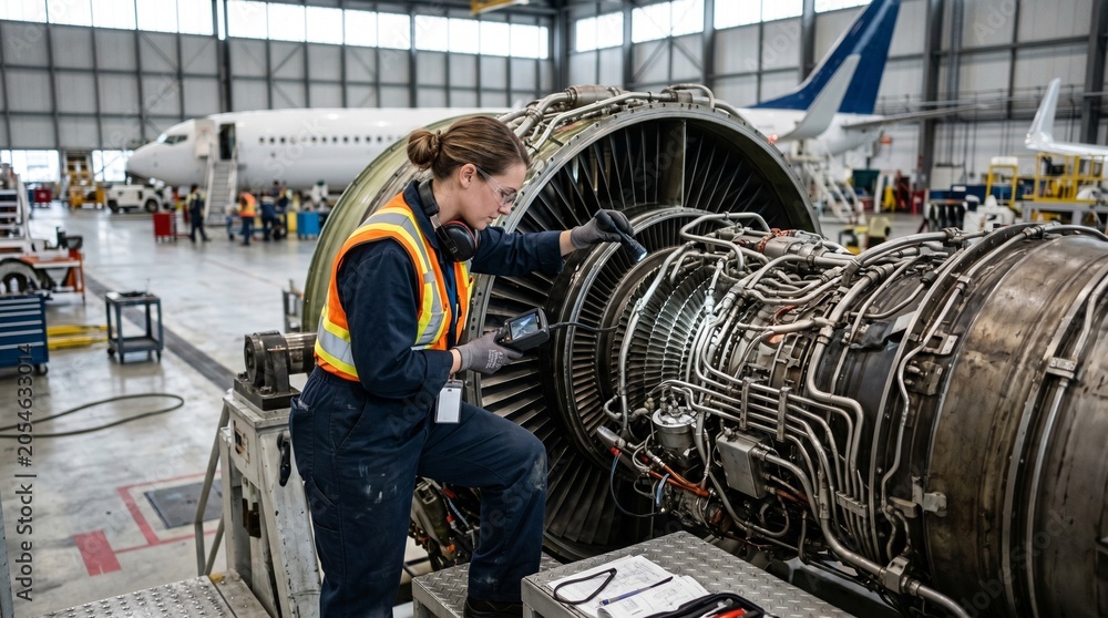 Fototapeta premium An aircraft mechanic meticulously inspects a jet engine within a spacious hangar, demonstrating expertise and dedication in aviation maintenance.