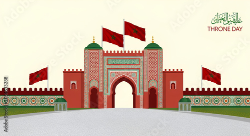Celebration of Moroccan Throne Day with Traditional Architecture and National Flags