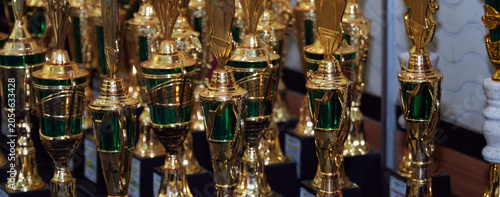 Row of shiny gold trophies with green accents lined up for an awards ceremony, close-up view symbolizing victory, competition, success, and achievement in sports or academic events.