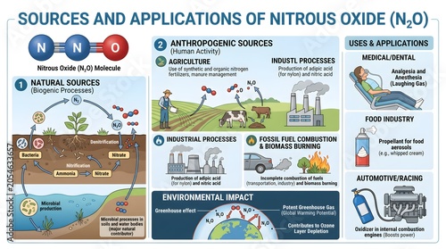 Sources and applications of nitrous oxide (N₂O) infographic combining natural soil and ocean emissions, human activities in agriculture and industry, environmental impact and practical uses in medicin