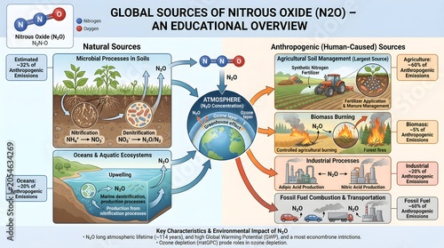 Global sources of nitrous oxide (N₂O) educational overview illustrating natural emissions from soils, wetlands and oceans alongside anthropogenic sources such as agriculture, livestock, biomass burnin