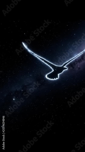 Glowing neon bird silhouette against starry galaxy space background.