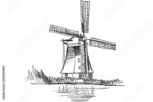 Abandoned Oil Pumpjack Silhouette Against Water Reflection Line Drawing