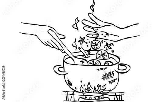 Cartoon chef cooking stew in boiling pot with steam and vegetables on stove