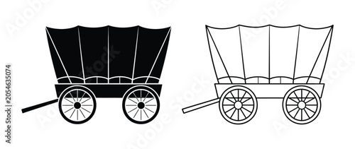 Photos Covered wagon icon set, black and white vector collection featuring pioneer wago