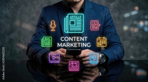 Man in blue suit holding smartphone with content marketing icons