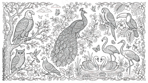 Intricate bird coloring page vector, detailed tropical birds and floral garden line art, exotic peacock and parrot wildlife illustration