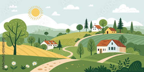 Sunny rural village landscape, traditional houses, green trees, farming land and pathwaySunny rural village landscape, traditional houses, green trees, farming land and pathway