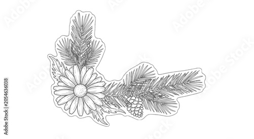 Detailed pencil drawing of flowers and leaves.