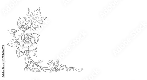 Floral Rose Tattoo Style Line Drawing.