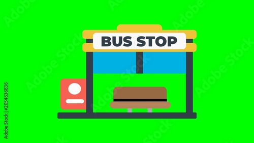 Bus Stop Station Building Infrastructure Animation on Chroma Key Green Screen Background
