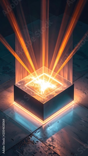 Glowing cube with radiant light beams.