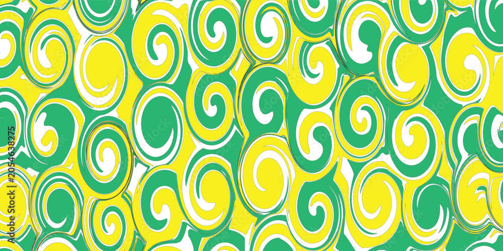 Fototapeta premium Abstract seamless swirl pattern with blue, yellow, and beige stripes. Liquid marble vortex texture, wavy fluid spiral background vector illustration