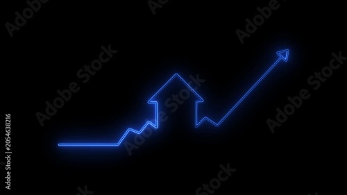 Blue Neon Graph Line Ascending to a House Icon and a Triangle on Black Background real estate housing