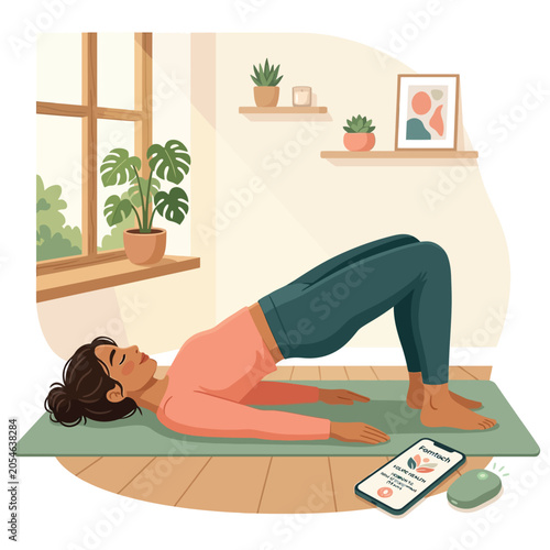 Woman pelvic floor exercise home physiotherapy wellness routine yoga mat flat 2D vector cartoon illustration, women's health rehabilitation awareness, sage green cream coral warm morning design