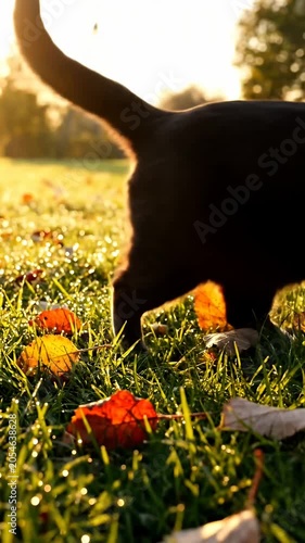 Gray cat walking through grass in autumn sunset light