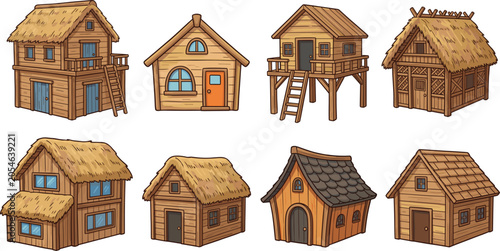 Obraz na plátně Wooden cabin vector collection featuring medieval village houses thatched roof h