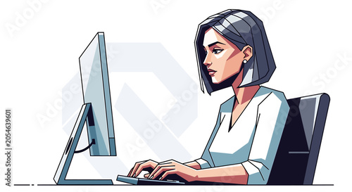 Woman working on computer desk.