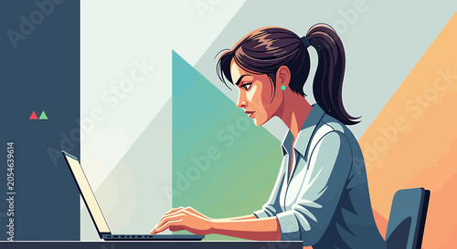Woman Working on Laptop Computer.