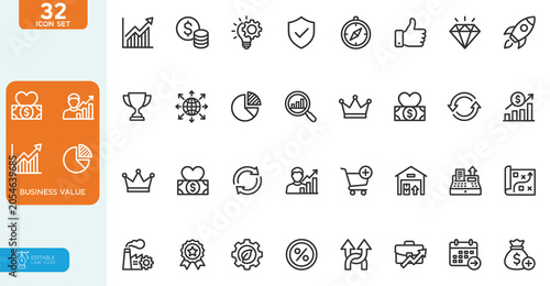 Business value Vector illustration editable line icon set. Containing Profit, Growth, Efficiency, Innovation, Quality, Reputation, Reliability, Brand Identity and more. on white background.