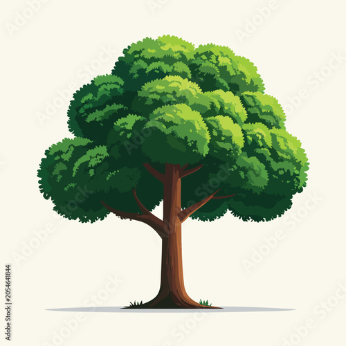 Vibrant isolated green tree with lush foliage and brown trunk.