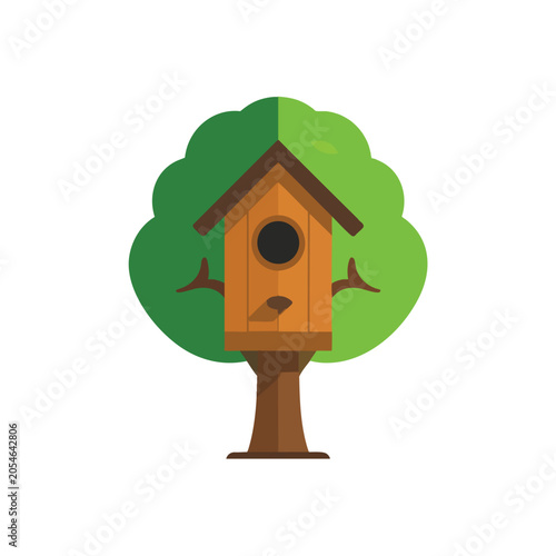 Flat vector illustration of a small wooden birdhouse mounted on a green tree.
