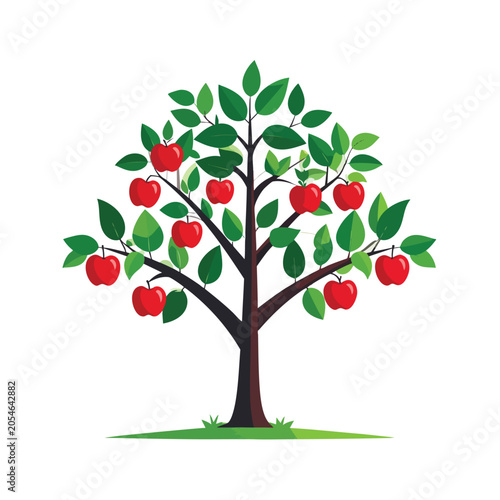 Illustration of a lush green apple tree with red fruits.