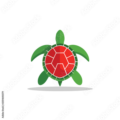 Minimalist vector illustration of a green sea turtle with a vibrant red patterned shell.