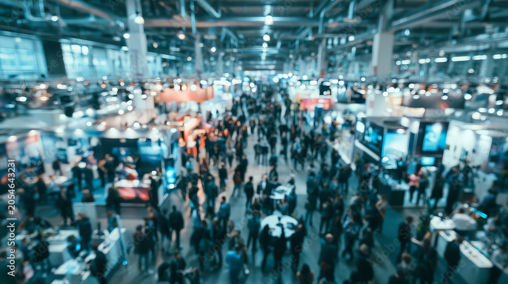 Obraz premium Aerial view of bustling trade show with diverse visitors exploring various booths and exhibits.