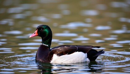 This is a photograph of a single male duck swimming in calm water. The duck has a greenish head, a brown body with white spots, a long neck, and an orange beak