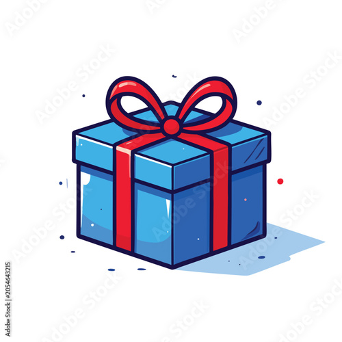 Isometric blue gift box with a bright red ribbon bow.