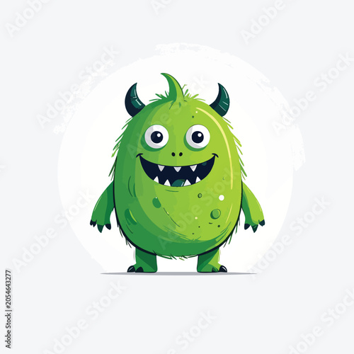 Cute cartoon green monster character with horns and big smile.