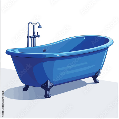 Elegant blue vintage clawfoot bathtub with metallic faucet.