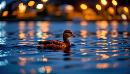 The photo is a nighttime shot featuring a mallard duck swimming in a body of water, presumably a lake or pond, with reflections visible on its surface