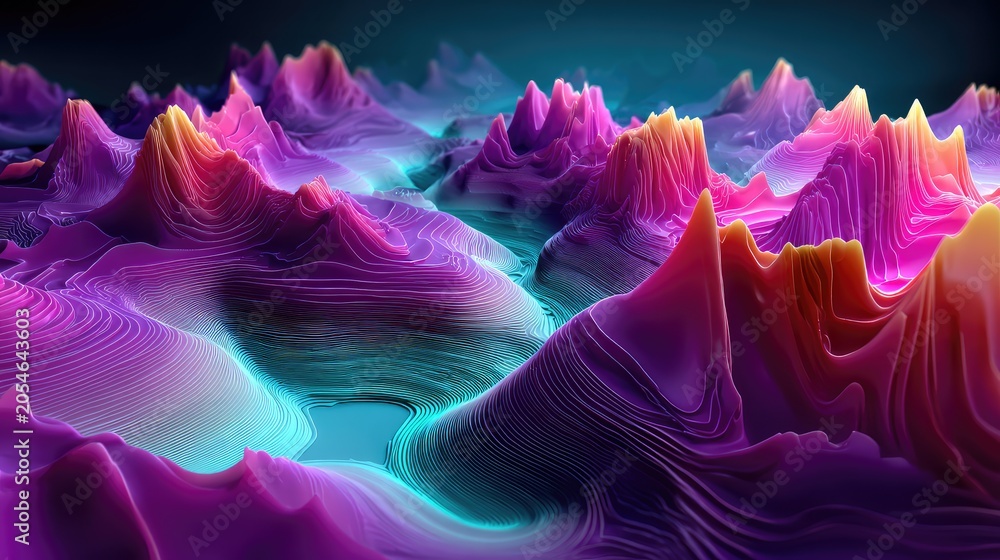 Obraz premium Abstract landscape with vibrant colors showcasing peaks and valleys, creating a unique three-dimensional texture that captivates the viewer's imagination
