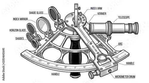 Schilderij op canvas Vintage marine sextant diagram with labeled navigational components